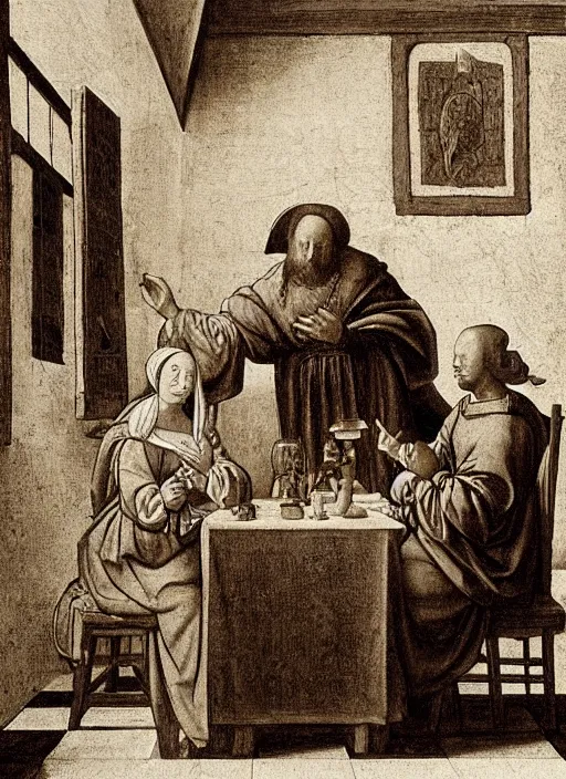 Image similar to a candlelit table at the inn, evening, dark room, two people sitting at the table, swirling smoke, dark smoke, realistic, in the style of leonardo da vinci, dutch golden age, amsterdam, medieval painting by jan van eyck, johannes vermeer, florence