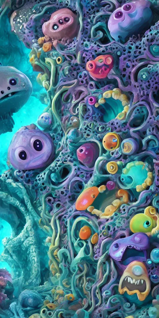 Image similar to of a colorful deep sea cave with strange cute friendly happy creatures with huge eyes, mouth, long tongue and round teeth appearing from sandy coral, in the style of gehry and gaudi, macro lens, shallow depth of field, ultra detailed, digital painting, trending artstation, concept art, illustration, cinematic lighting, photorealism, epic, octane render