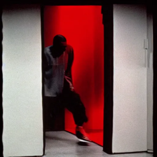 Image similar to 1980s film photograph of kanye west stepping through a bright red rectangle portal, blurry, grainy, liminal