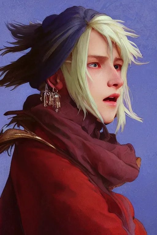 Image similar to close-up Howl from Howl's Moving Castle with white hair, pearl earrings, colourful clothes, fantasy, portrait, highly detailed, digital painting, artstation, concept art, sharp focus, illustration, art by greg rutkowski and alphonse mucha, oil painting by John Ward, by Arthur Walker, by Vermeer,