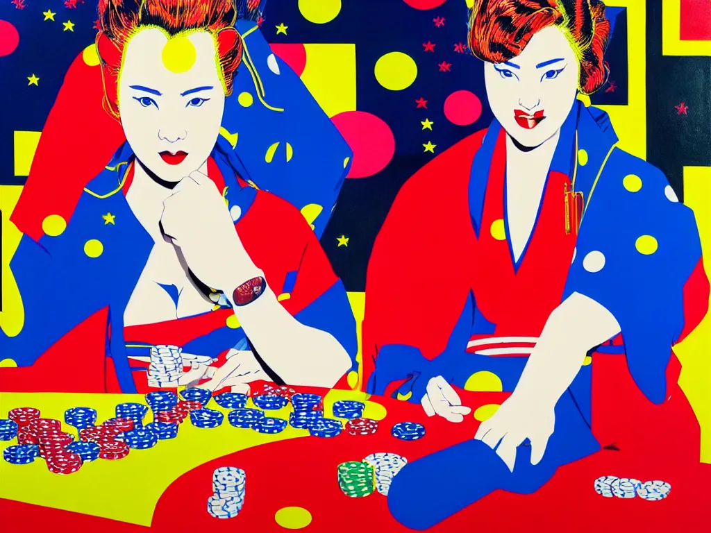 Prompt: hyperrealism composition of the detailed woman in a japanese kimono sitting at a poker table with superman, fireworks on the background, pop - art style, andy warhol style, acrylic on canvas