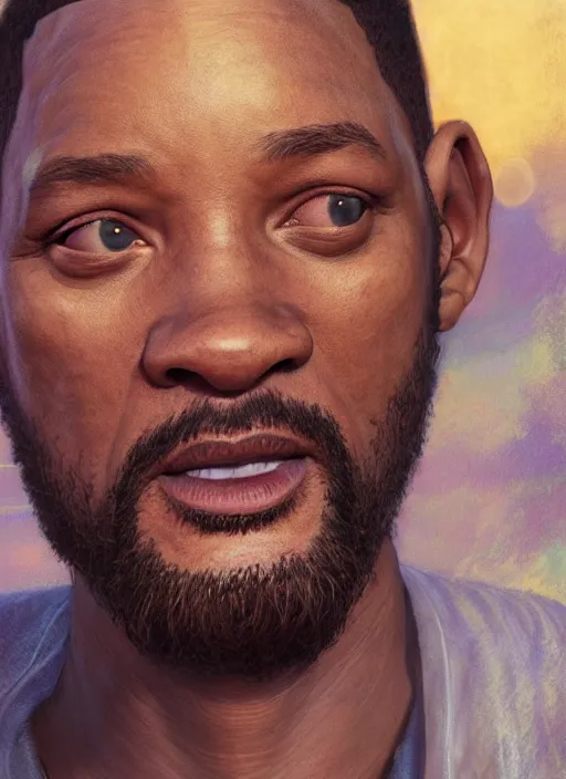 Image similar to portrait of will smith as jesus, au naturel, hyper detailed, digital art, trending in artstation, cinematic lighting, studio quality, smooth render, unreal engine 5 rendered, octane rendered, art style by klimt and nixeu and ian sprigger and wlop and krenz cushart.