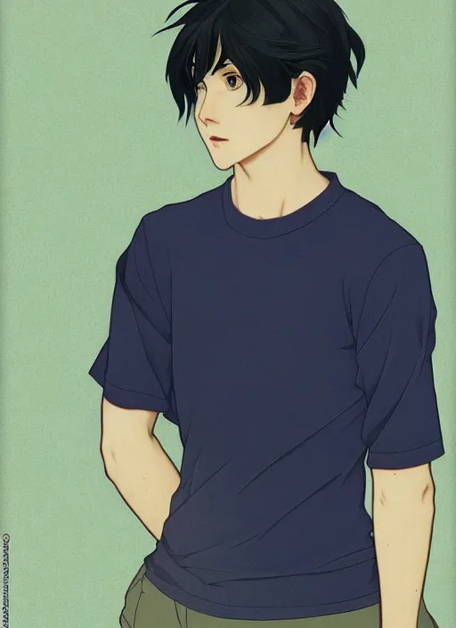 Prompt: handsome young man with short black hair, male, wearing a blue shirt, half body shot, path traced, highly detailed, high quality, digital painting, by studio ghibli and alphonse mucha, leesha hannigan, hidari, art nouveau, chiho aoshima, posuka demizu