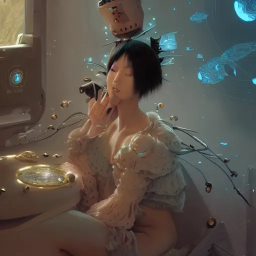 Image similar to hyperrealistic photography of a machine entering a beautiful venus female host in the style of jin kagetsu, james jean and wlop, highly detailed, sharp focus, intricate concept art, digital painting, ambient lighting, 4 k, artstation