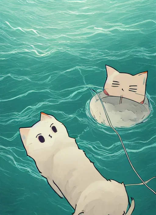 Prompt: illustration of one giant cat in the middle of the sea by avogado 6, highly detailed