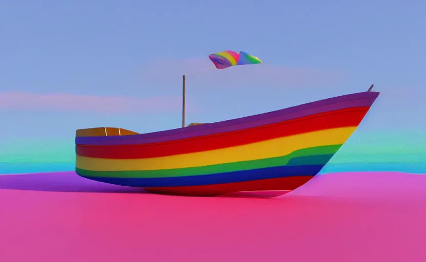 Image similar to a lush rainbow boat on a vast pink ocean, physically based render, substance painter, color theory