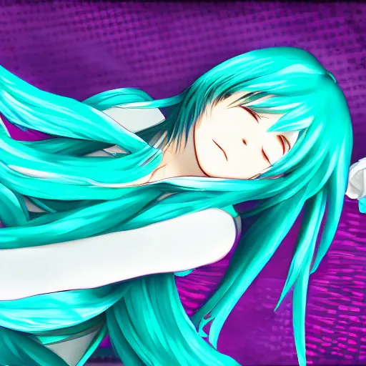 Image similar to Hatsune Miku having a comfy sleep, detailed digital art