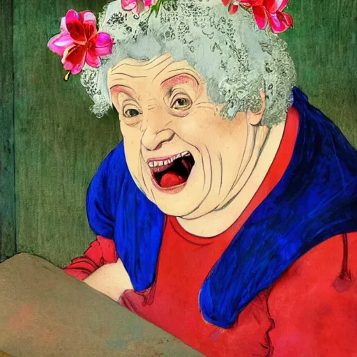 Image similar to of a very funny academic style mixed media style. a sweet fat old woman is in love with her self. flowery dress. symmetrical face, red mouth, blue eyes. a flowery dress. deep focus, lovely scene. a very funny and sweet picture. unreal engine. pencil and ink. goya painting style.