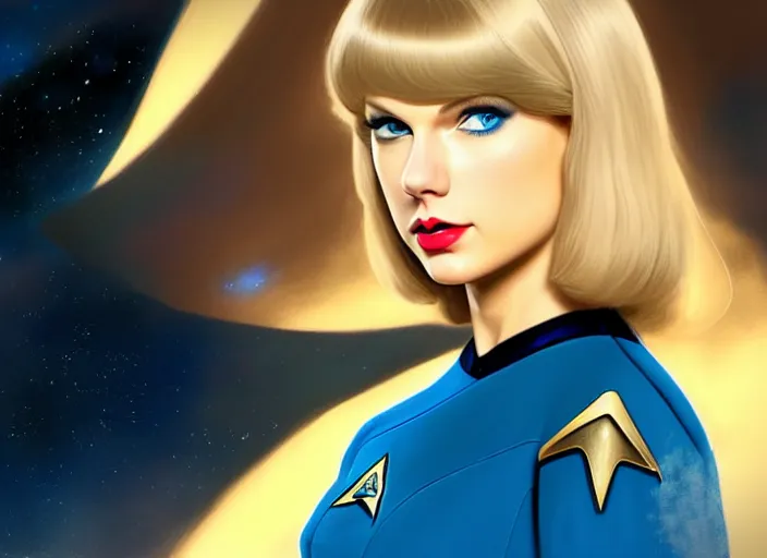 Image similar to a disney film still of taylor swift as a star trek officer, finely detailed features, closeup of the face, perfect art, dusk, blue hour, gapmoe yandere grimdark, trending on pixiv fanbox, painted by greg rutkowski, makoto shinkai, takashi takeuchi, alphonse mucha, akihiko yoshida