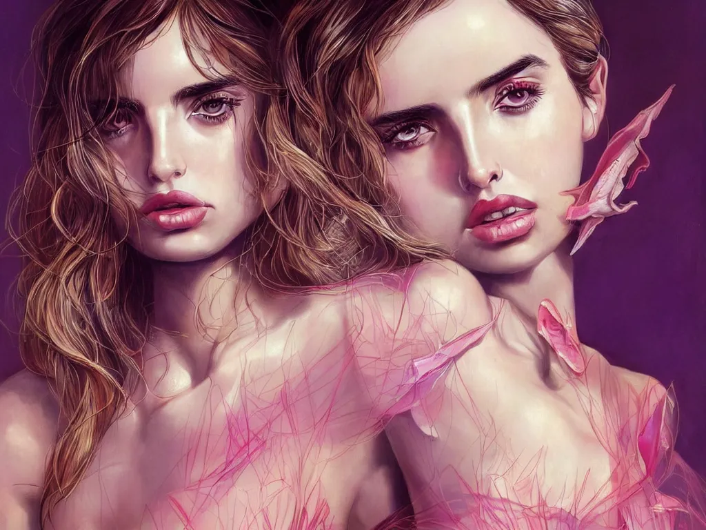 Image similar to !dream Ana de Armas wearing epic haute couture by Alexander McQueen, extremely beautiful and proportionate face, in the aesthetic of mert and marcus, masterpiece, intricate, elegant wardrobe, highly detailed, digital painting, artstation, concept art, crepuscular rays, smooth, sharp focus, illustration, neon cyberpunk colors, art by artgerm and james jean and greg rutkowski and alphonse mucha