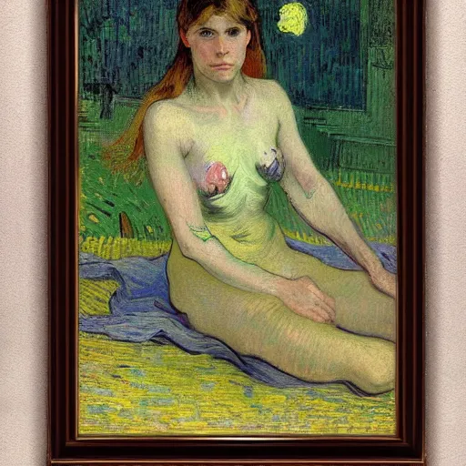 Prompt: A body art. A rip in spacetime. Did this device in her hand open a portal to another dimension or reality?! by Jules Bastien-Lepage, by Vincent Van Gogh curvaceous