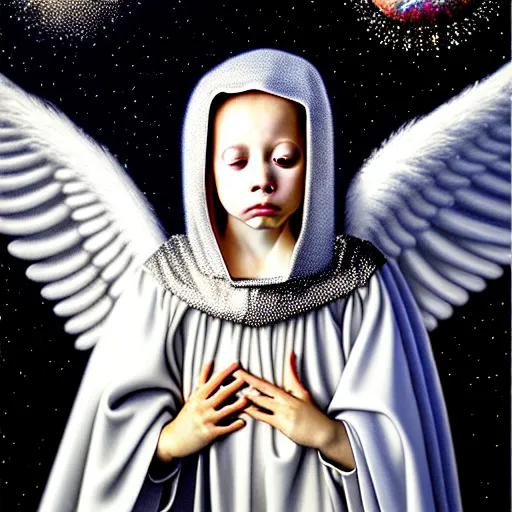 Prompt: beautiful high details hyper realistic painting of white angel in the hood coming from space with giant ball of miracle light from the chest!!!!!, 4 k hd face!!!, cute face, no gender, giant silver holographic wings, by jan van eyck, holography space, white sparkles everywhere, thin strokes, high textures, silver background