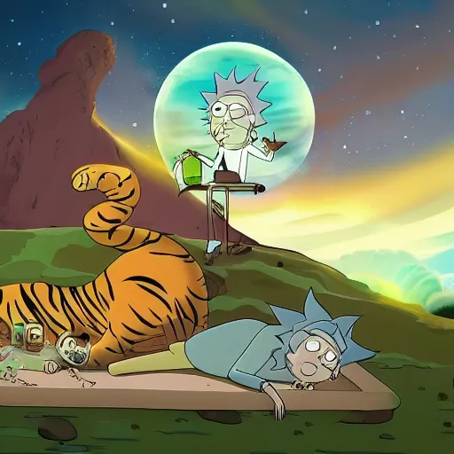 Image similar to Rick and Morty cartoon sleeping on a tiger. cinematic, dramatic lighting, trending on deviantart