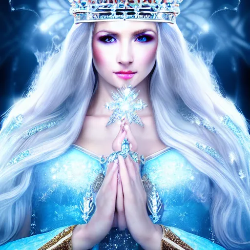 Image similar to beautiful ice queen with ornate crown and robes highly detailed, 4k, HDR, smooth, sharp focus, hyper realistic, high resolution