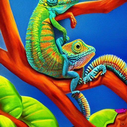 Image similar to cute chameleon colorful luminescent detailed oil painting 4 k