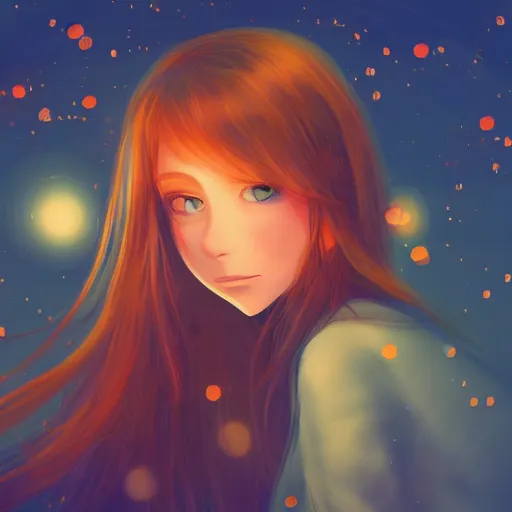 Image similar to digital illustration of a red haired girl with green eyes, wonderful dreamy scene with fireflies, intricate, hyper fine details, deviantart, artstation, studio ghibli