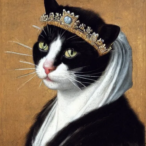 Prompt: renaissance portrait of a black and white cat wearing a crown, in the style of eugene de blaas