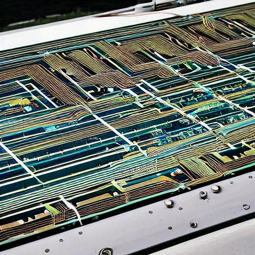 Prompt: high - up photograph of a circuitboard that extends for miles and miles