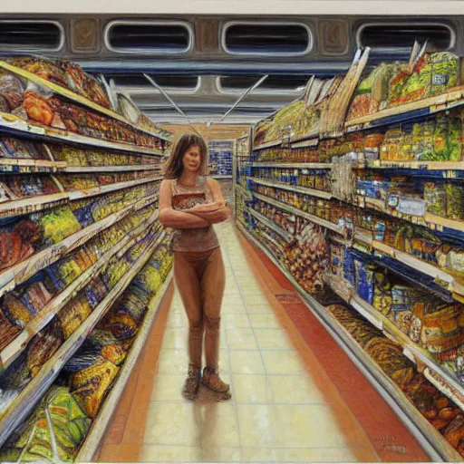 Prompt: portrait of a female survivor in the empty supermarket, by donato giancola.