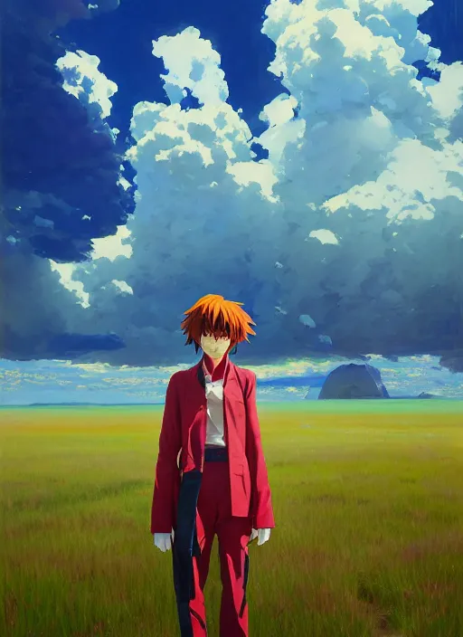 Prompt: portrait of Asuka Soryu Langley from Neon Genesis Evangelion, countryside, calm, fantasy character portrait, dynamic pose, above view, sunny day, thunder clouds in the sky, artwork by Jeremy Lipkin and Giuseppe Dangelico Pino and Michael Garmash and Rob Rey, very coherent asymmetrical artwork, sharp edges, perfect face, simple form, 100mm