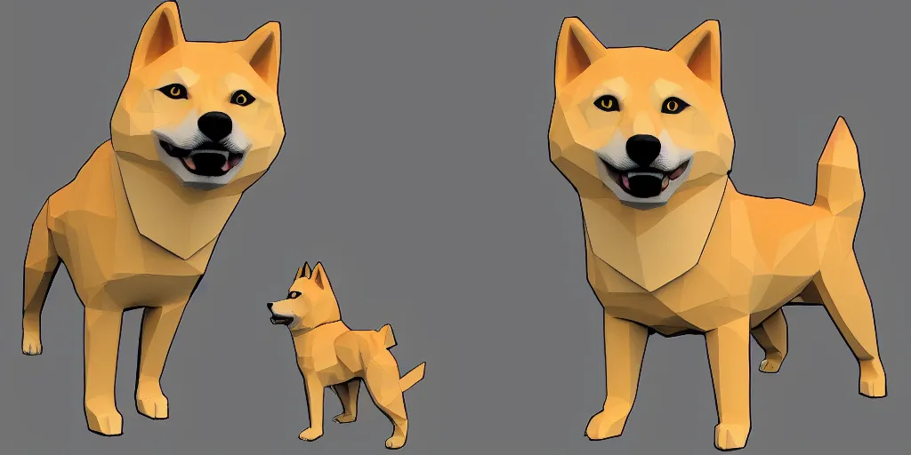 Image similar to concept art of low polygon 3 d render of shiba inu, doge meme