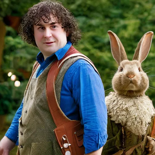 Prompt: clean shaven pudgy British lad with short curly dark brown hair as a hobbit wearing a white men's crossbody sling chest bag and blue vest standing next to a giant rabbit, blue vest! high resolution film still, movie by Peter Jackson