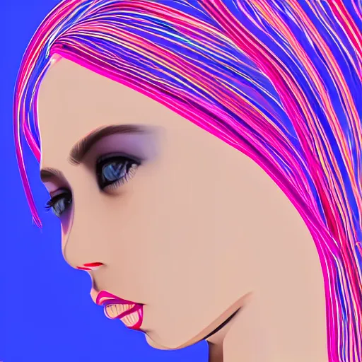 Prompt: holographic detailed minimalistic hd girl with pink oil and acrylic hair wearing a black head sock with blueprint lines in its outer drawing