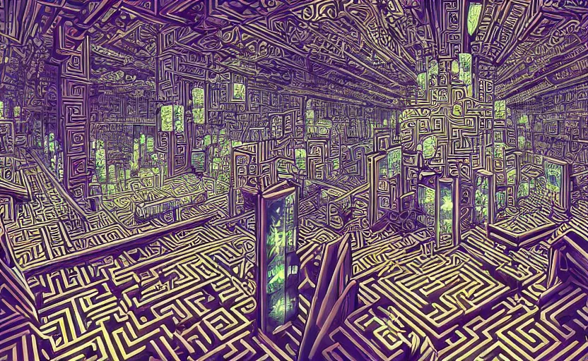 Prompt: interior of an elaborate labyrinth of runic cubes, endless intricate maze - like runes, sharp high detail anime background, masterpiece by satoshi kon, crystal cubism, greeble, tesseract, darksynth, high definition