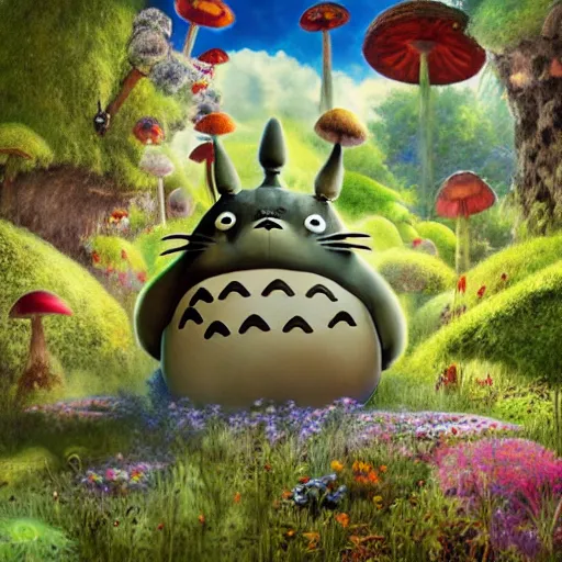 Prompt: totoro tripping on shrooms in wonderland, intricate detail, royo, klimt, miro, vallejo, frazetta, giger, whealan, hd, unreal engine,