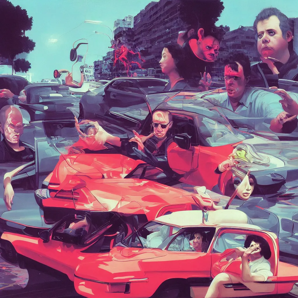 Image similar to weird and disturbing painting of todd solondz driving a car in the streets of tel aviv, vivid colors, neon, art by ( ( ( kuvshinov ilya ) ) ) and wayne barlowe and francis bacon and artgerm and wlop and william - adolphe bouguereau