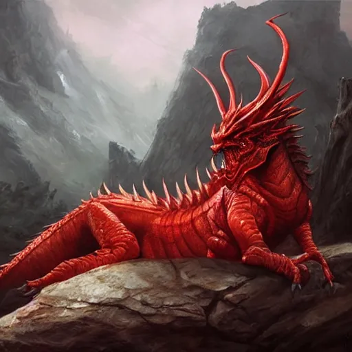 Image similar to a movie still frame, of a stoic red dragon sitting on a large rock, oil on linen, detailed painting, by tooth wu, artgerm, fantasy concept art portrait, by bayard wu,