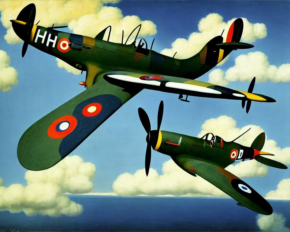 Image similar to an achingly beautiful print of one supermarine spitfire by Raphael, Hopper, and Rene Magritte. detailed, romantic, enchanting, trending on artstation.