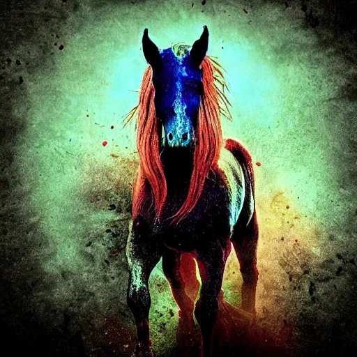 Image similar to wispy ink horror, neochrome colors, zombie horse, realistic render, photo pic by matte painting