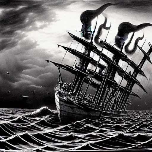 Image similar to a highly detailed hyperrealistic scene of a ship being attacked by giant squid tentacles, jellyfish, squid attack, dark, voluminous clouds, thunder, stormy seas, pirate ship, dark, high contrast, yoji shinkawa, scary, m.c. Escher, highly detailed, brutal, beautiful, octopus arms attacking the ship from the storm, illusion, artgerm