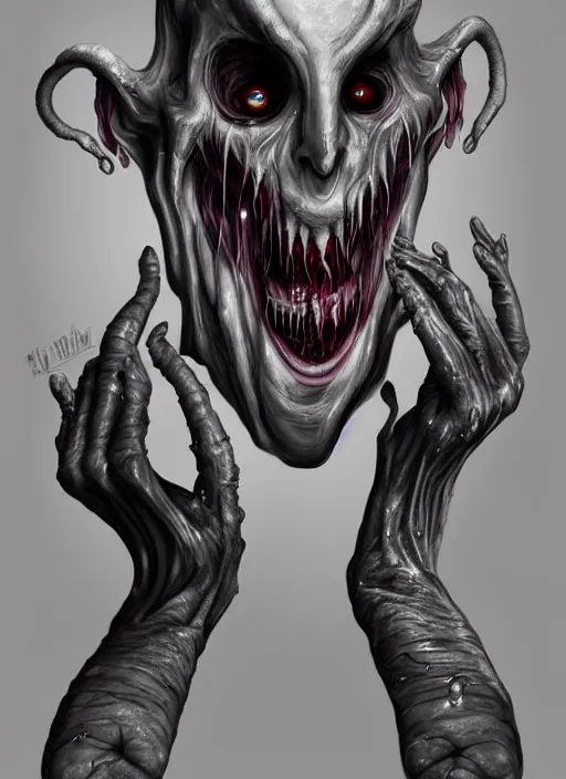 Prompt: creepy pale moster with incredibly long fingers, very long arms, scary smile, translucent slimy skin, wet, veiny, dramatic lighting, highly stylized, trending on artstation