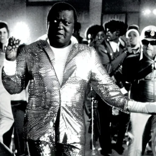 Image similar to A movie still of Idi Amin wearing a disco suit in Satuday Night Fever