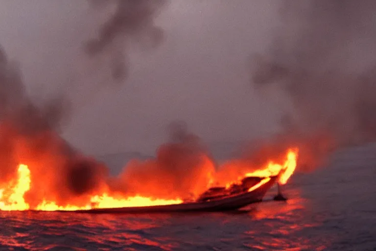 Image similar to a tourist taking a photo of a boat on fire in naples, cinematic shot, foggy, photo still from movie by denis villeneuve