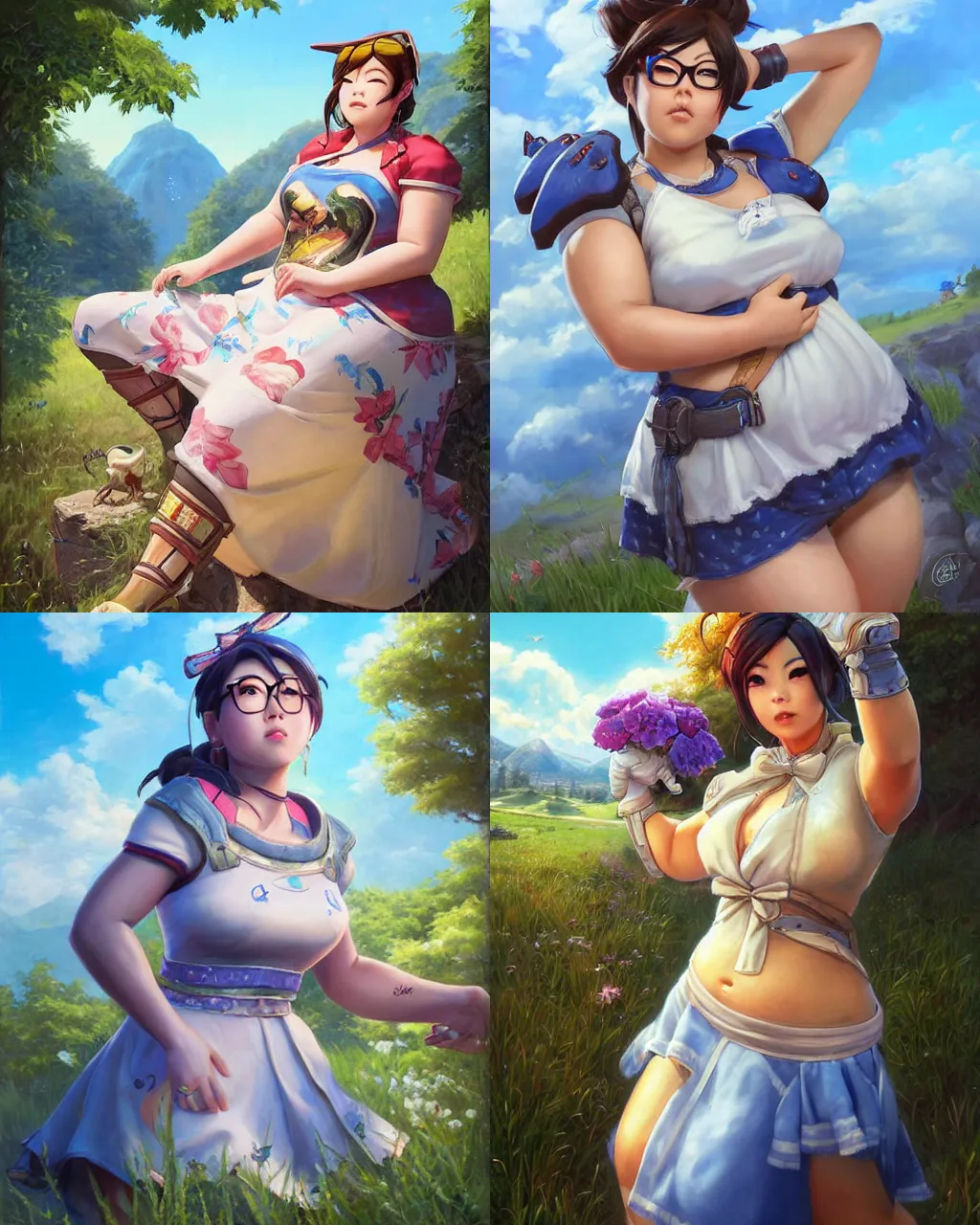 Prompt: portrait, mei from overwatch wearing a beautiful summer dress in the countryside, by greg staples and jeff easley, beautiful scene, hyper - realistic, intricate, summer day, sunlight, cheerful, soft lighting, detailed, chubby