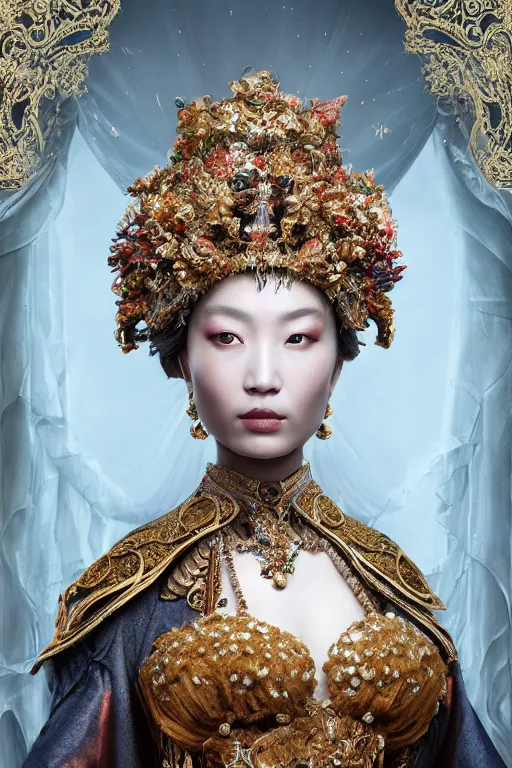 Prompt: a beautiful empress portrait, with a brilliant, impossible striking big organic matter subsurface scattering material headpiece, clothes entirely made out of organic subsurface scattering material, symmetrical, dramatic studio lighting, rococo, baroque, jewels, asian, hyperrealism, closeup, D&D, fantasy, intricate, elegant, highly detailed, digital painting, artstation, octane render, 8k, concept art, matte, sharp focus, illustration, art by Artgerm and Greg Rutkowski and Alphonse Mucha