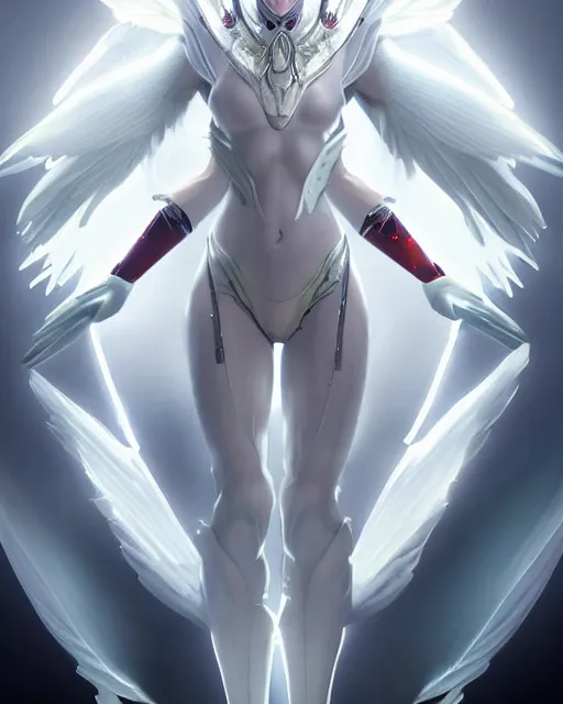 Image similar to perfect white haired attractive egyptian goddess with huge white dove wings, warframe armor, beautiful, symmetric, dreamy, half asian, pretty face, blue eyes, detailed, scifi platform, laboratory, experiment, 4 k, ultra realistic, epic lighting, android body, illuminated, cinematic, masterpiece, art by akihito tsukushi, voidstar