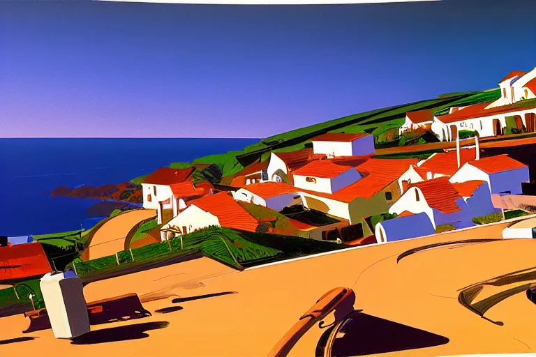 Image similar to a small village on top of a hill near the sea, painted by Syd Mead, Low key lighting, ultra detailed, 8k, fisheye