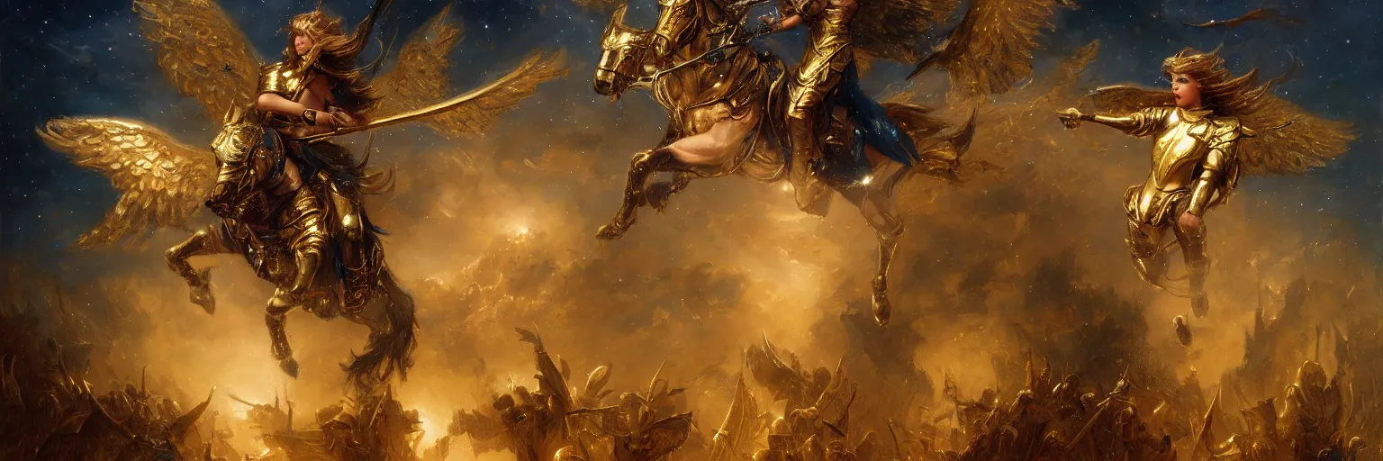 Image similar to a young girl wearing a gold armor in the night sky fighting angels, golden light in the darkness, blood, battlefield, extremely realistic and highly detailed painting by gaston bussiere and j. c. leyendecker 8 k