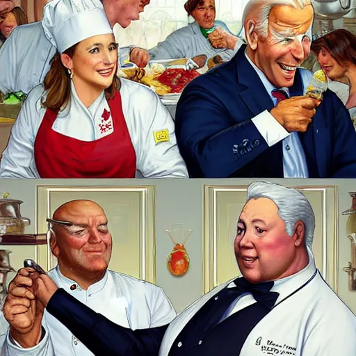 Image similar to Joe Biden and an obese chef eating together unhealthy food at the white house, highly detailed, digital painting, artstation, concept art, sharp focus, illustration, art by artgerm and greg rutkowski and alphonse mucha and Norman Rockwell