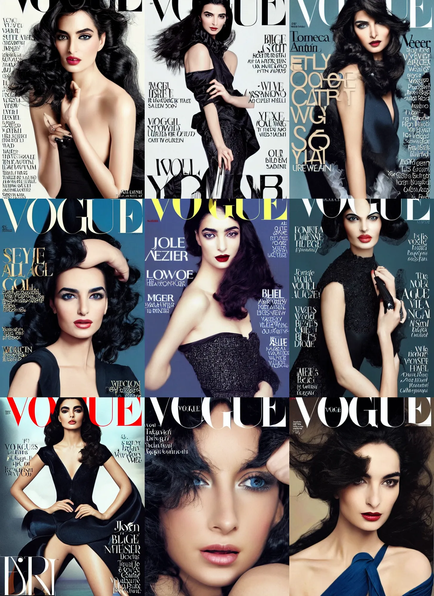 Prompt: vogue magazine cover ameera al taweel, blue eyes, wavy black hair, seductive, beautiful by john maler collier