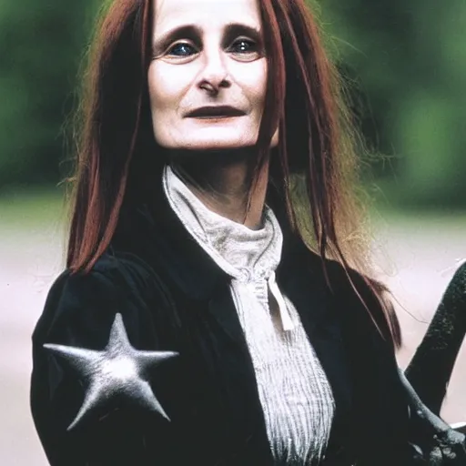 Prompt: Katrin Cartlidge as a goth college girl witch