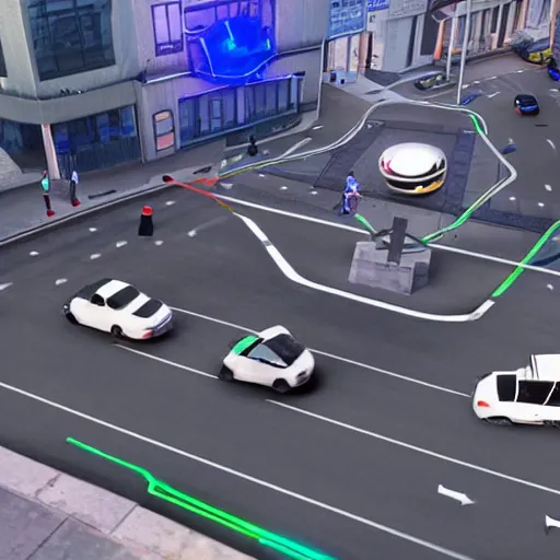 Prompt: a realistic photo of an intersection that uses portals from the video game portal 2 to control traffic by sending vehicle into blue portals and out of organge portals at an intersection, trending on cgstation