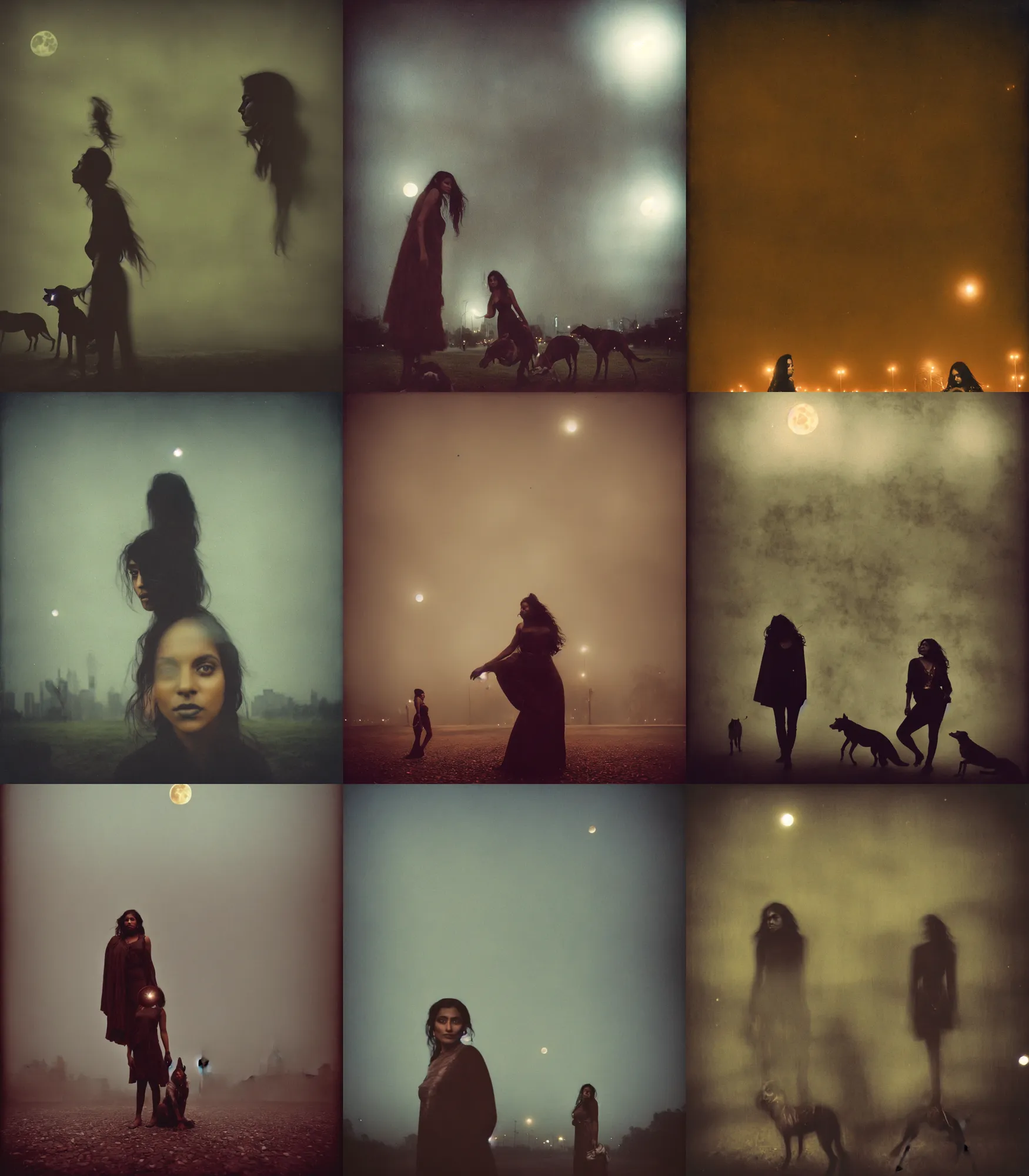 Prompt: beautiful brown woman, kodak portra 4 0 0, wetplate, muted colours, mexico city park, stray dogs, motion blur, portrait photo of a backdrop, city lights, full moon, sparkling, fog, by georges melies and by britt marling