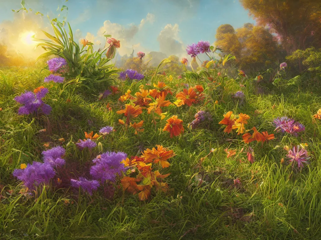 Image similar to sunlight study, wildflower undergrowth, art nouveau, by jan davidz de heem and martin johnson heade ( ( ( ( ( lisa frank ) ) ) ) ), 8 k, sharp focus, octane render, kauai