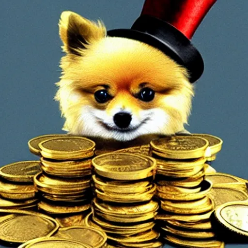 Image similar to A pomeranian wearing a top-hat and a monocle, sitting on top of a large pile of gold coins