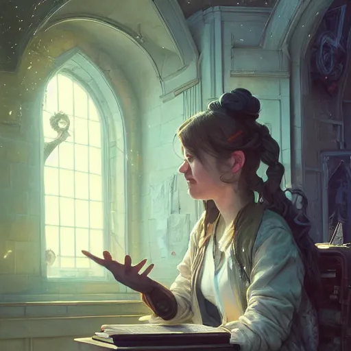 Image similar to Highly detailed portrait of a teacher freaking out at students, Stephen Bliss, unreal engine, fantasy art by Greg Rutkowski, Loish, Rhads, ferdinand knab, Makoto Shinkai and Lois van baarle, ilya kuvshinov, rossdraws, Tom Bagshaw, alphonse mucha, global illumination, radiant light, detailed and intricate environment